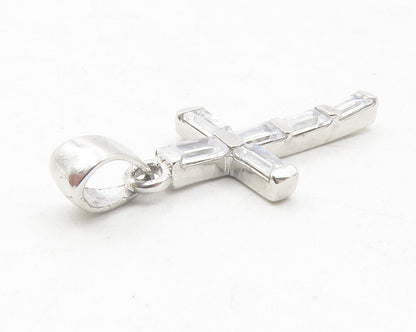 925 Sterling Silver  Shiny Cubic Zirconia Religious Cross Drop Pendant  PT9563