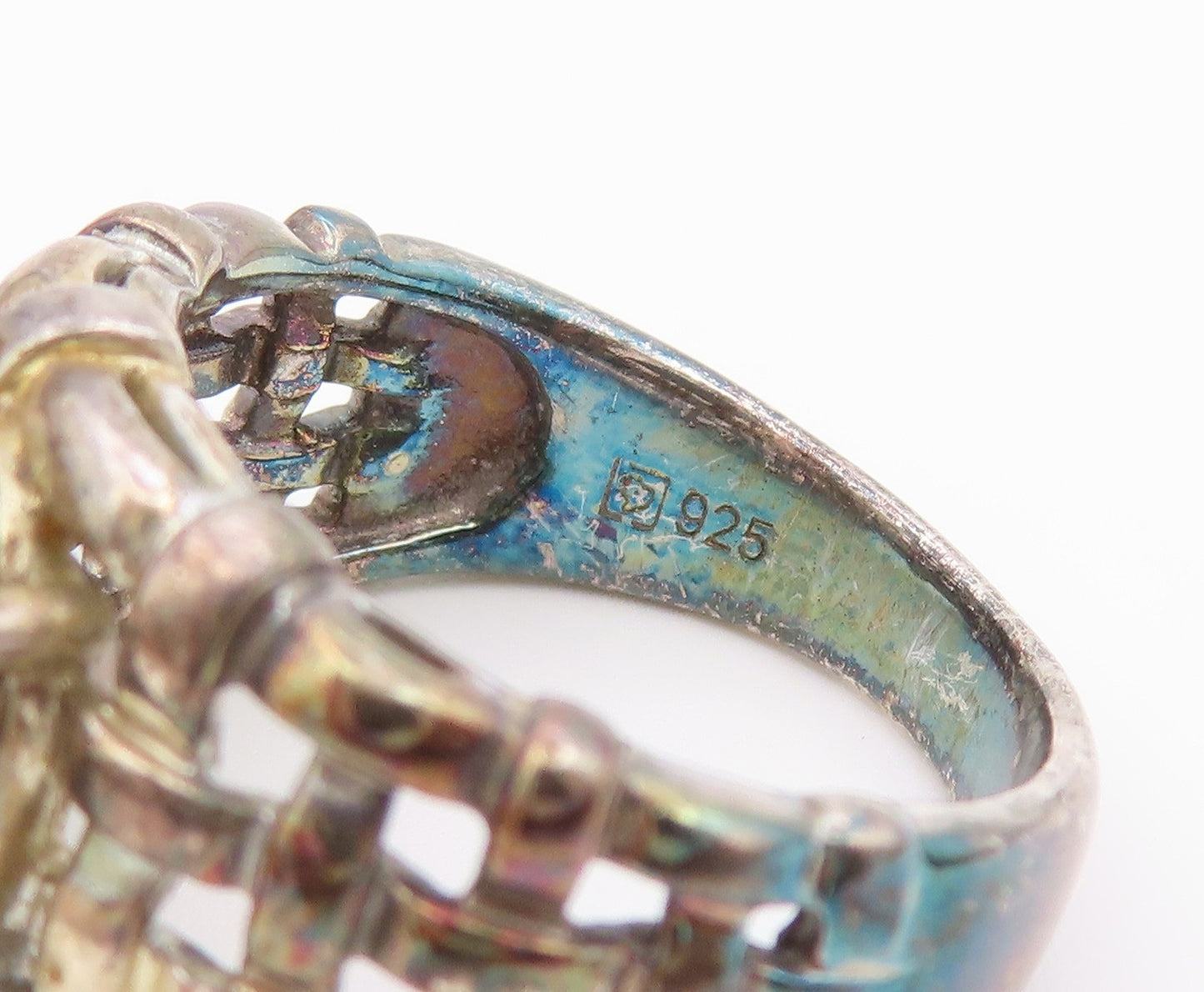 925 Sterling Silver Vintage Ring Smoky Quartz Basket Weave Band  Sz 8  RG36557