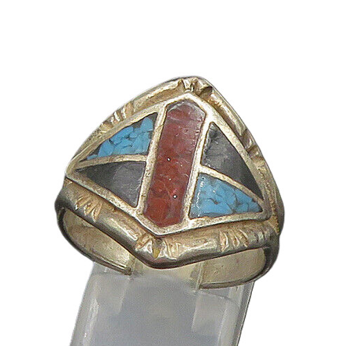 ZUNI NAVAJO 925 Silver  Vintage Turquoise Onyx & Coral Band Ring Sz 9  RG22891