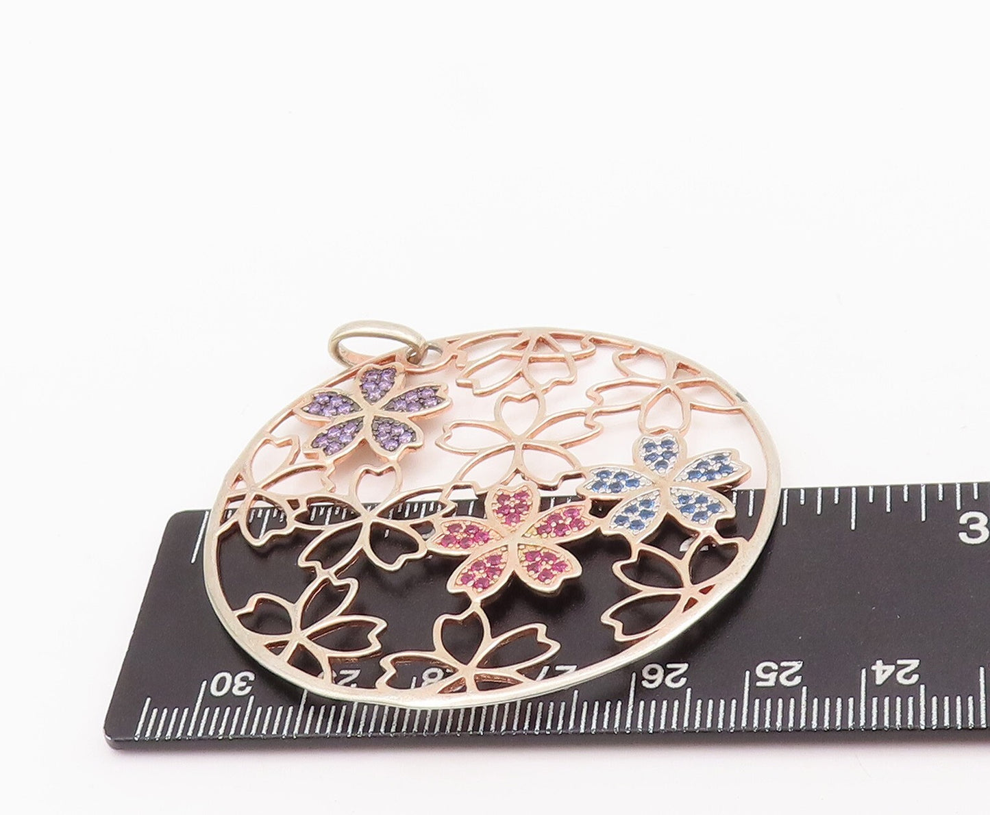 925 Sterling Silver Vintage Pendant Gold Plated Flowers Cutout Inlay CZ  PT23413