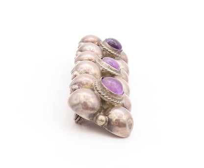 925 Sterling Silver Vintage Brooch MEXICO Cabochon Amethyst Flower Band  BP11537