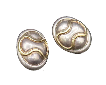 ROBERT WINC 18K GOLD & 925 Silver  Vintage 2 Tone Wave Oval Earrings  EG12020