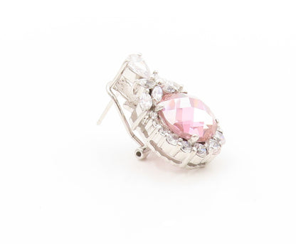 925 Sterling Silver Vintage Earrings Round Pink & White CZ Floral Design EG13396