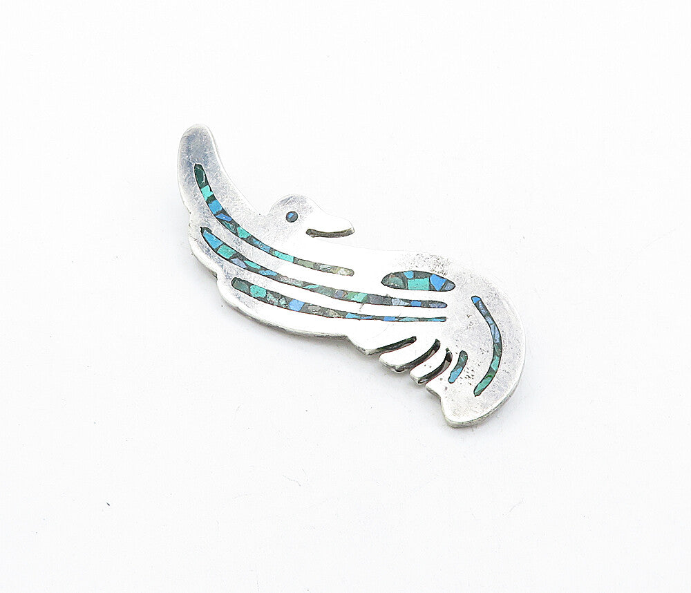 MEXICO 925 Sterling Silver  Vintage Turquoise Mosaic Bird Brooch Pin  BP2043