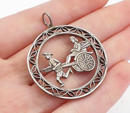 925 Sterling Silver  Vintage Man Pulling Rickshaw Carriage Pendant  PT4903