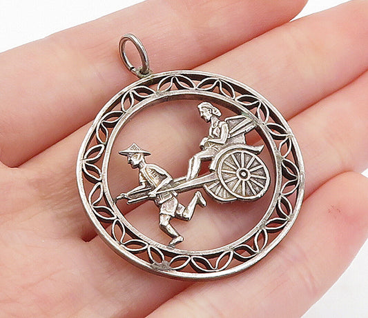 925 Sterling Silver  Vintage Man Pulling Rickshaw Carriage Pendant  PT4903