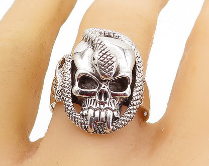 925 Sterling Silver  Vintage Shiny Snake & Skull Head Band Ring Sz 12.5 RG7430