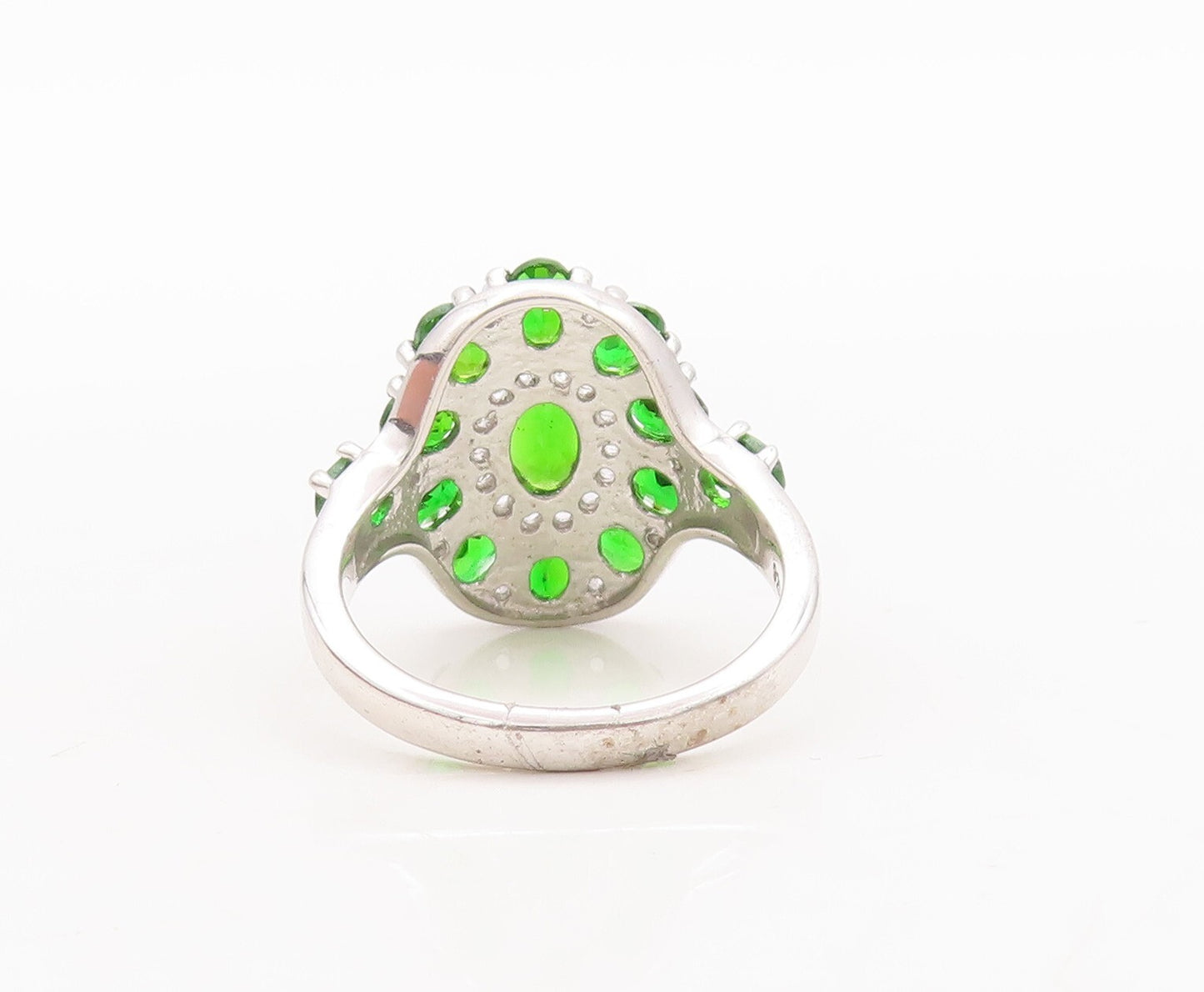 925 Sterling Silver Vintage Ring Oval Cut  Green CZ Flower  Sz 7  RG29449