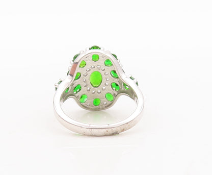 925 Sterling Silver Vintage Ring Oval Cut  Green CZ Flower  Sz 7  RG29449