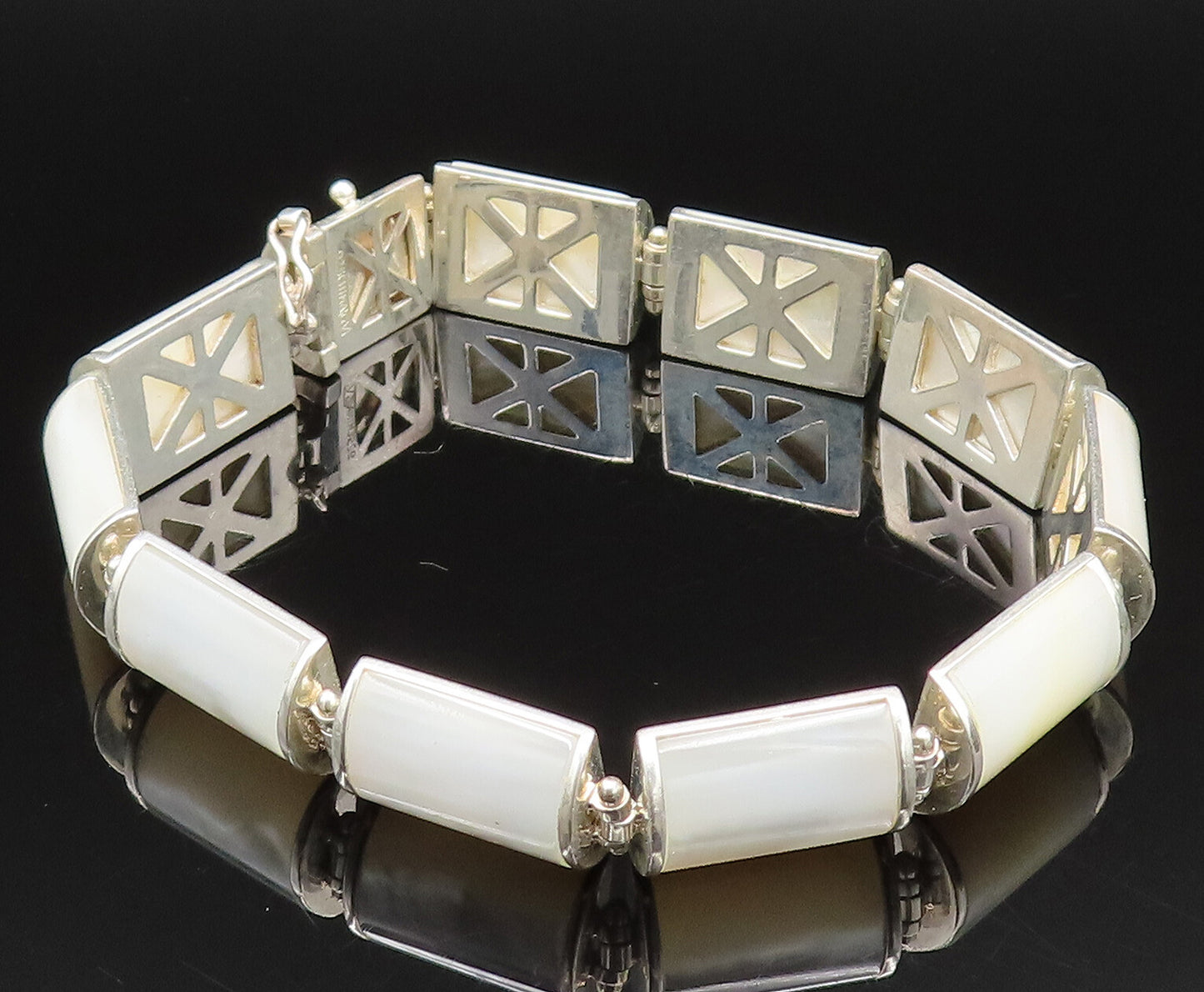 925 Sterling Silver  Vintage Rectangle Mother Of Pearl Tennis Bracelet  BT9516