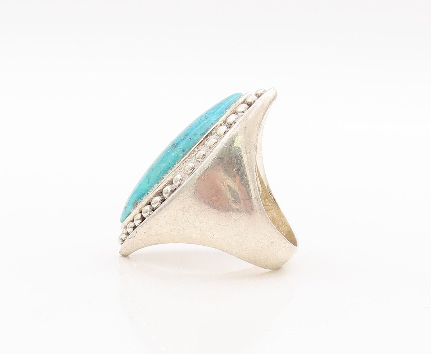 925 Sterling Silver Vintage Ring Beaded Oval Cabochon Turquoise  Sz 7  RG28518