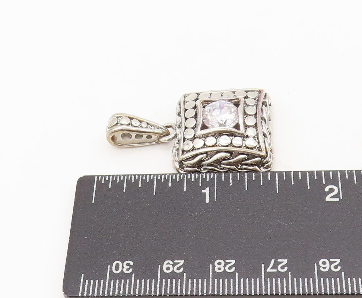 925 Sterling Silver Vintage Pendant Square Breaded Beaded Carved CZ  PT22510