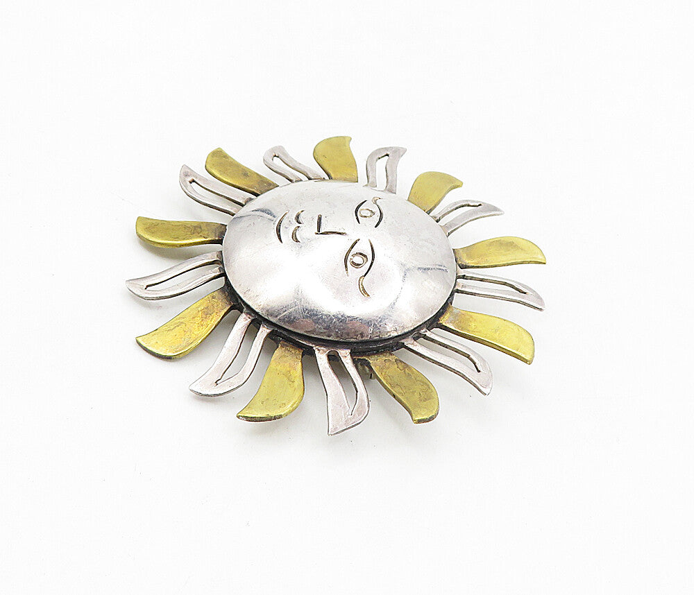 MEXICO 925 Sterling Silver  Vintage 2 Tone Etched Sun Face Brooch Pin  BP3119