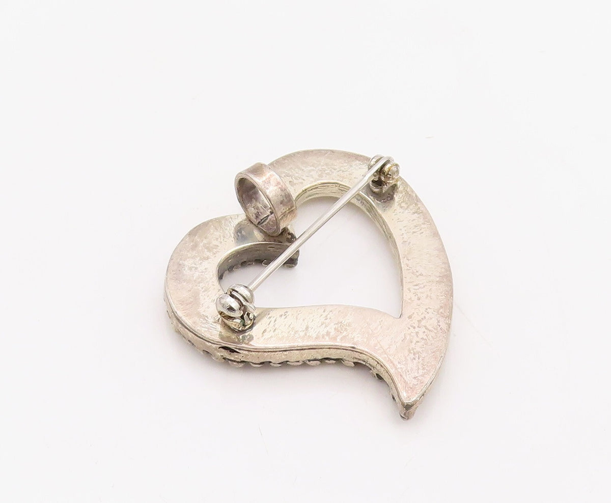 925 Sterling Silver Vintage Brooch Pin Bead Carved Cutout Love Heart  BP11245