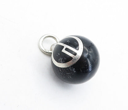 925 Sterling Silver  Vintage Black Onyx Sphere Patterned Drop Pendant  PT3433