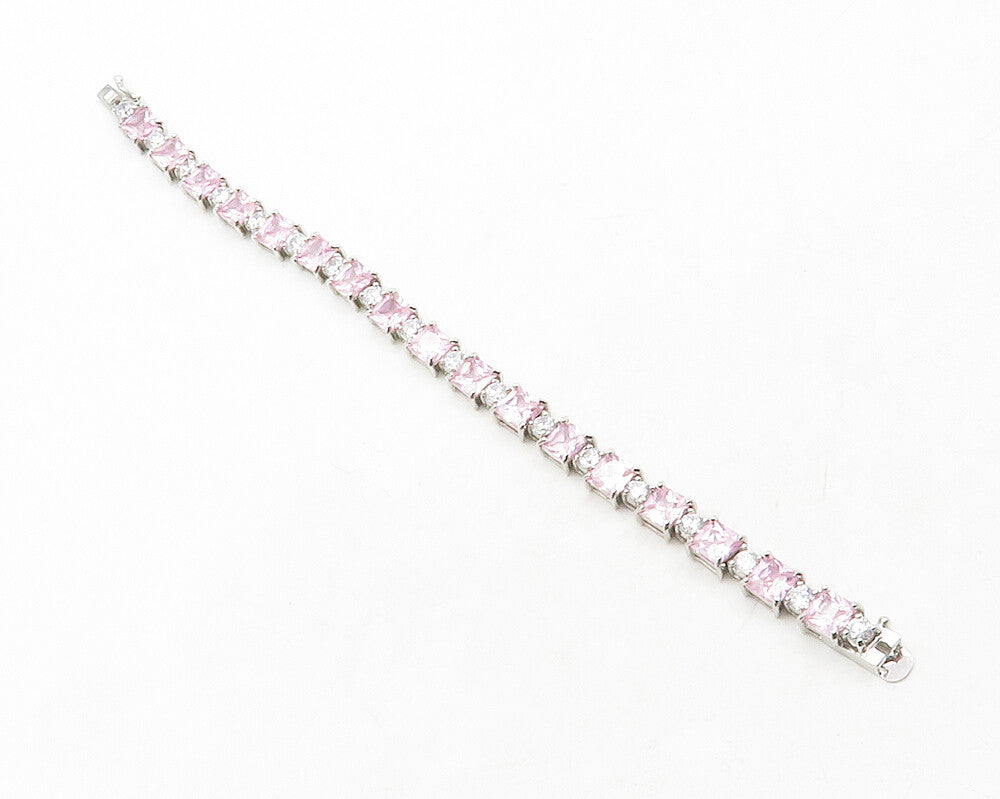 925 Sterling Silver  Pink & White Topaz Shiny Hinge Link Chain Bracelet BT4982