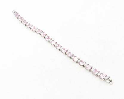 925 Sterling Silver  Pink & White Topaz Shiny Hinge Link Chain Bracelet BT4982