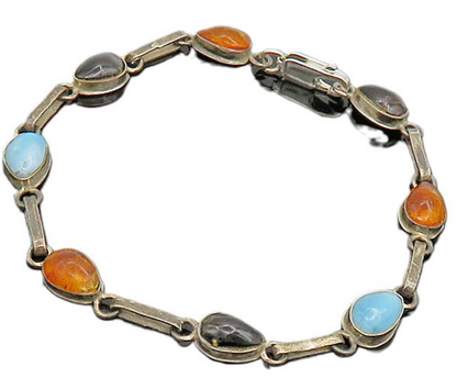 925 Sterling Silver  Vintage Larimar Black Onyx & Amber Chain Bracelet  BT8040