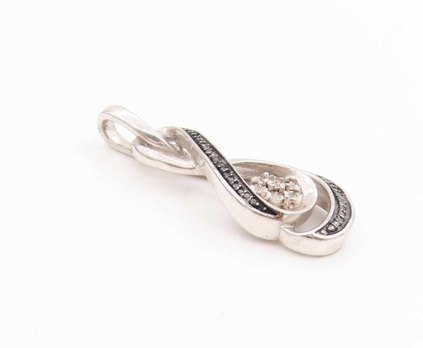 925 Sterling Silver Vintage Pendant Black White Diamonds Infinity Flower PT24504