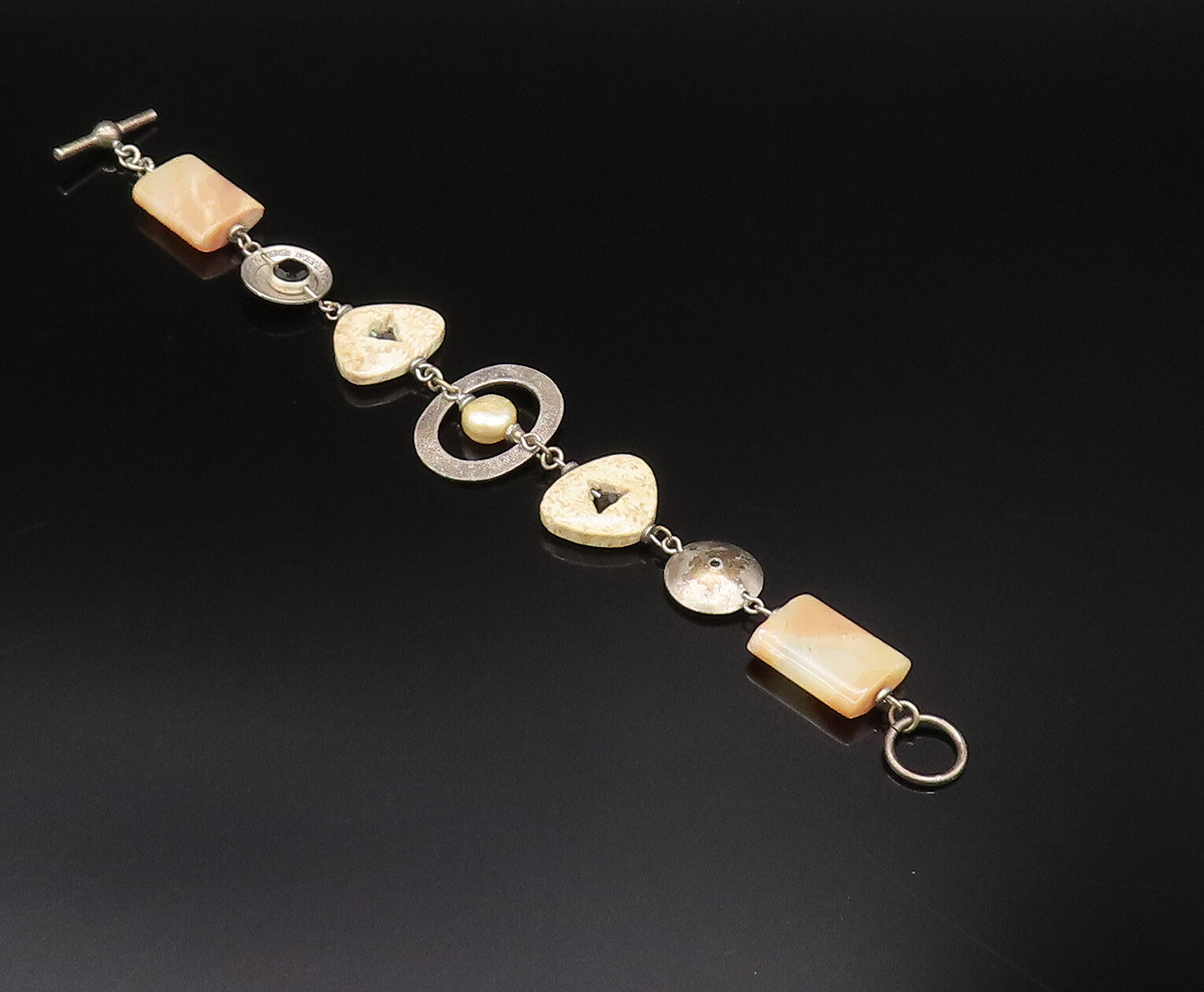925 Silver  Vintage Mother Of Pearl Black Spinel & Agate Chain Bracelet BT9675