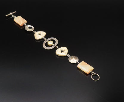 925 Silver  Vintage Mother Of Pearl Black Spinel & Agate Chain Bracelet BT9675