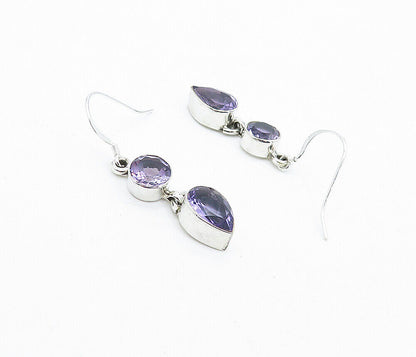 925 Sterling Silver  MultiShape Amethyst Shiny Linked Dangle Earrings  EG2553