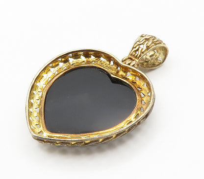 925 Sterling Silver  Vintage Cabochon Black Onyx Love Heart Pendant  PT11716