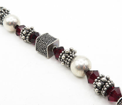 DESIGNER 925 Silver  Vintage Garnet Beaded Cluster Chain Bracelet  BT1644