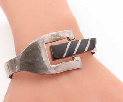 MEXICO 925 Silver  Vintage Inlaid Black Onyx Buckle Bangle Bracelet  BT2022