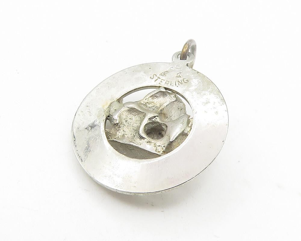 925 Sterling Silver  Vintage Petite Dark Tone Sail Boat Round Pendant  PT9388