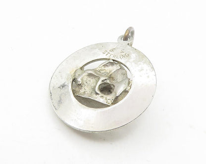 925 Sterling Silver  Vintage Petite Dark Tone Sail Boat Round Pendant  PT9388