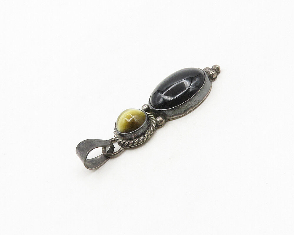 NAVAJO 925 Sterling Silver  Vintage Tiger's Eye & Black Onyx Pendant  PT14313