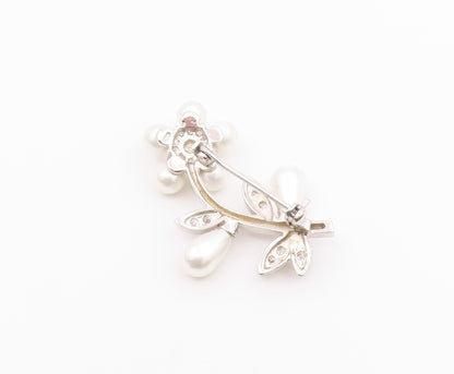 925 Silver  Vintage Cubic Zirconia & Cultured Pearls Flower Brooch Pin  BP9770