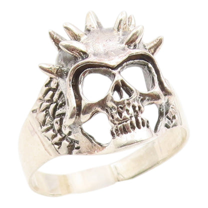 925 Sterling Silver Vintage Ring Carved Gothic Spiky Skull Band  Sz 15  RG36033