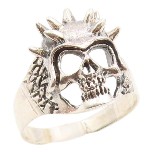 925 Sterling Silver Vintage Ring Carved Gothic Spiky Skull Band  Sz 15  RG36033