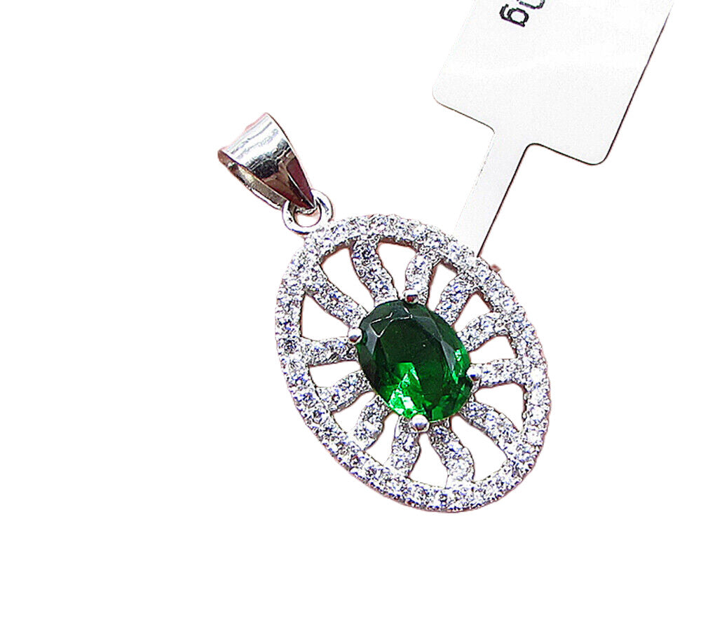 925 Sterling Silver  Green Topaz & White Cubic Zirconia Drop Pendant  PT1515