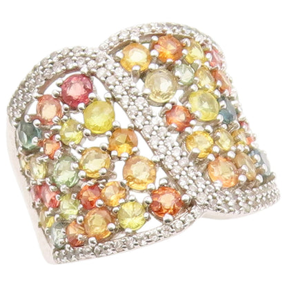 925 Sterling Silver Vintage Ring Multi Gemstone Wide Cluster Band Sz 11 RG36826