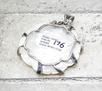 925 Silver  Mother of Pearl & Marcasite Floral Wrapped Drop Pendant  PT1384