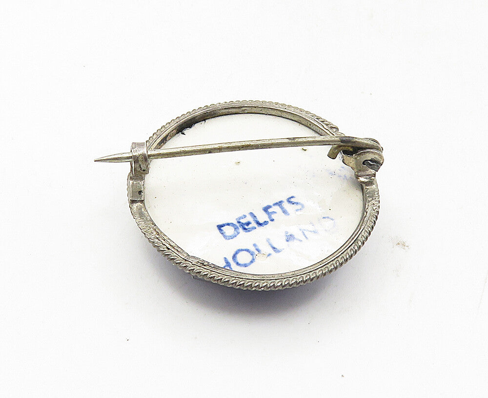 HOLLAND 925 Sterling Silver  Vintage Enamel Windmill Scene Brooch Pin  BP3495