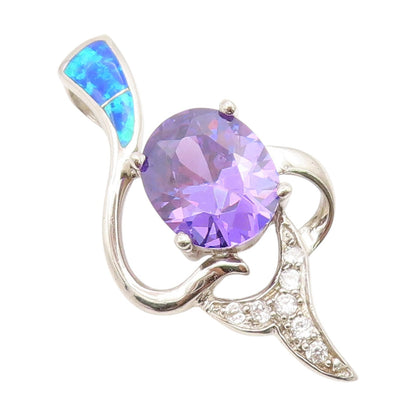 925 Sterling Silver Vintage Pendant Amethyst & Fire Opal Inlay Drop  PT25989