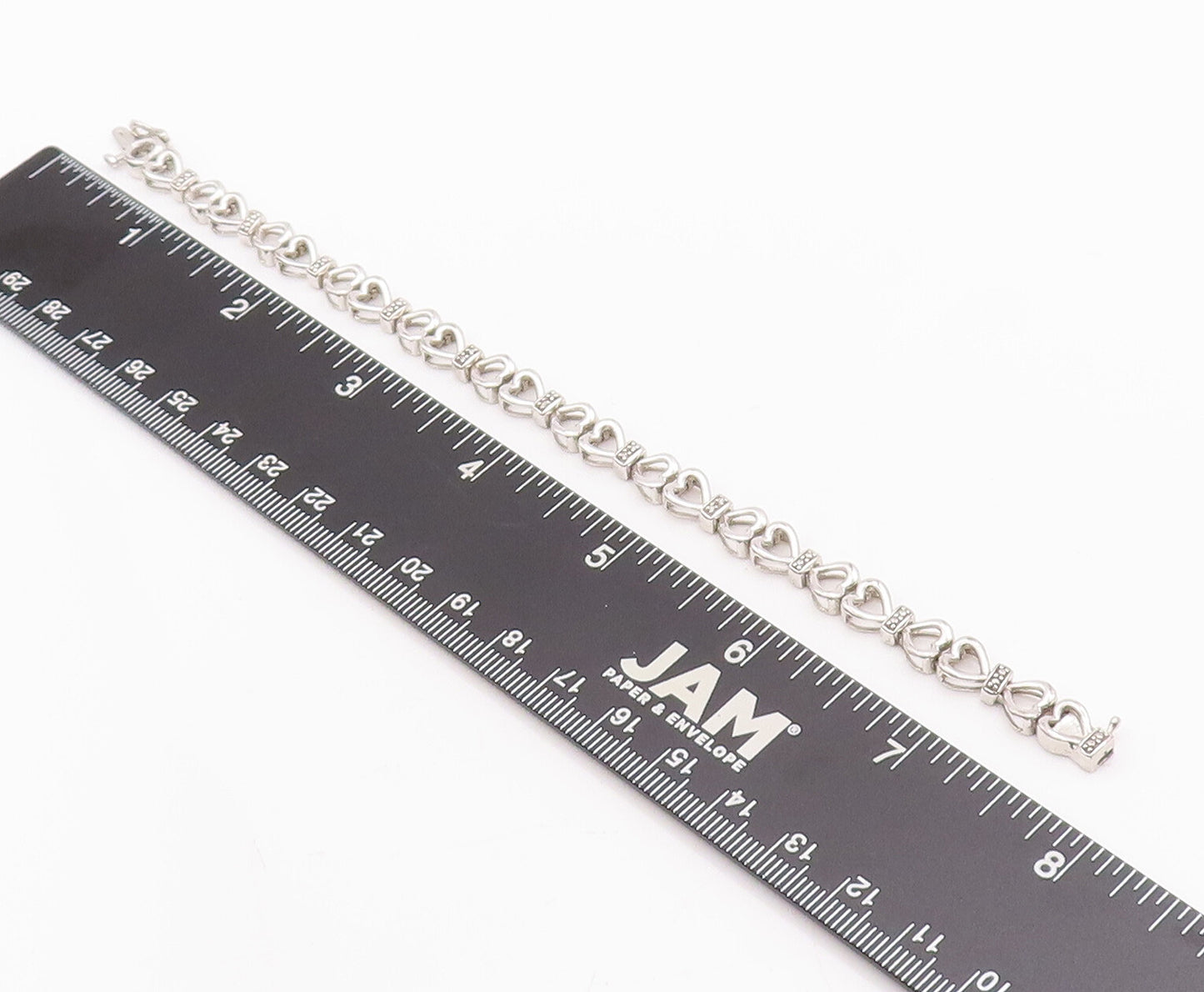 925 Sterling Silver Vintage Bracelet Cutout Real Diamonds Linked Hearts  BT10532