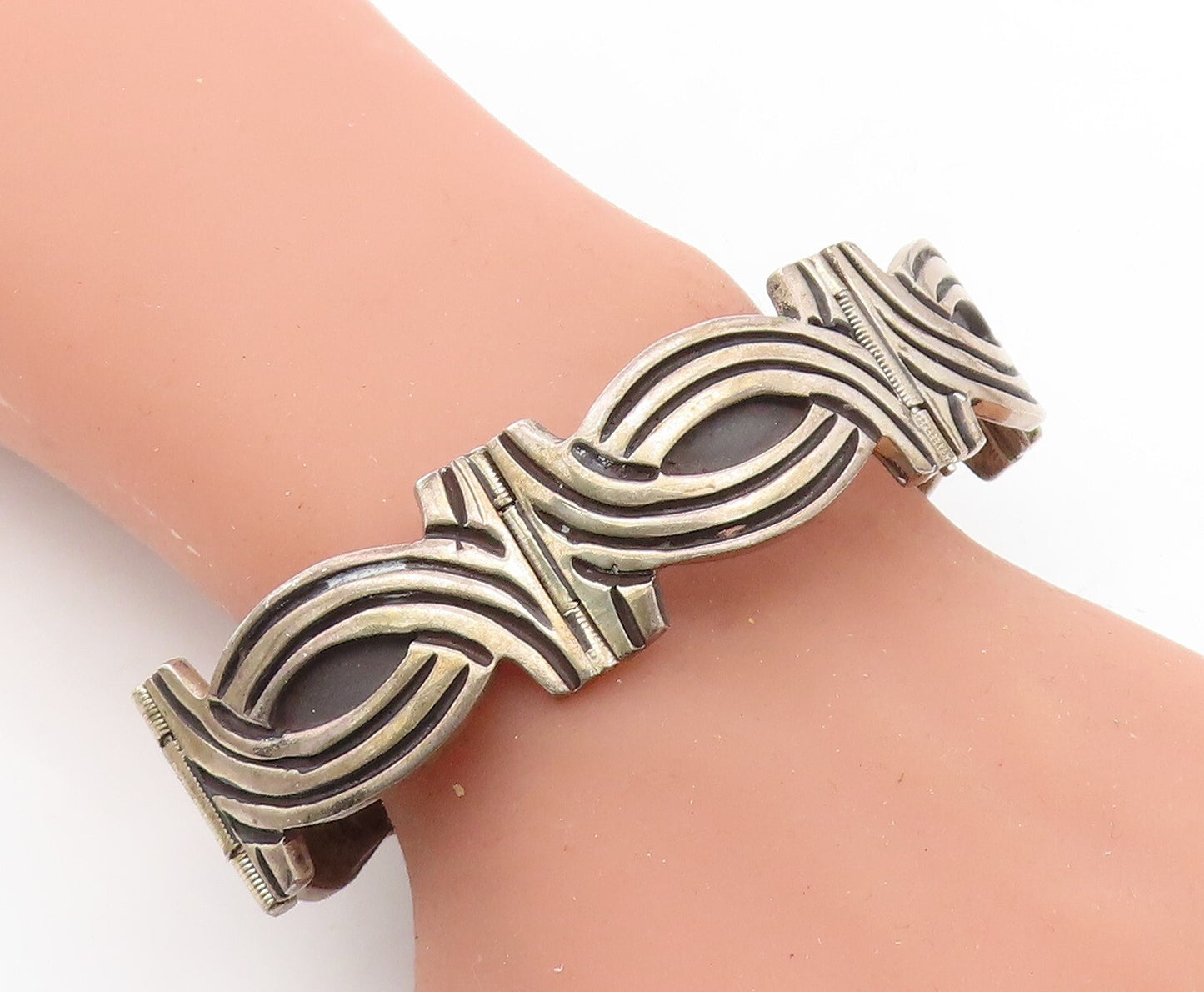 JJA MEXICO 925 Silver  Vintage Dark Tone Swirl Hinge Chain Bracelet  BT3028