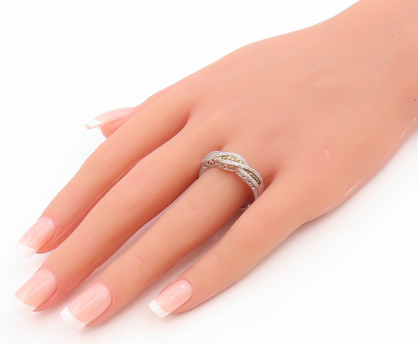 925 Sterling Silver Vintage Ring Two Tone CZ Intertwined Band  Sz 11  RG35952