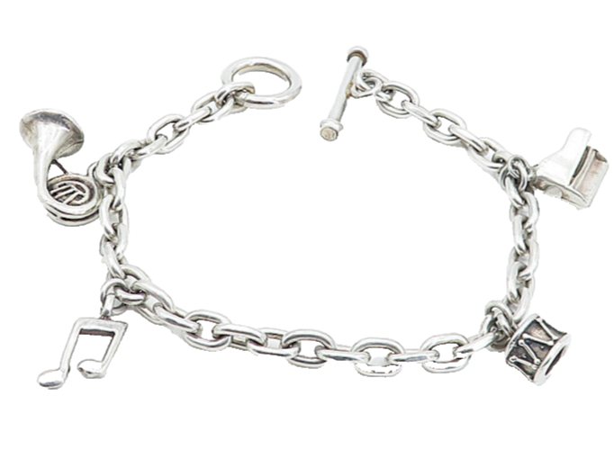 925 Sterling Silver  Vintage Musical Instrument Charmed Chain Bracelet  BT1973