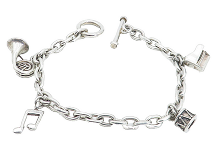 925 Sterling Silver  Vintage Musical Instrument Charmed Chain Bracelet  BT1973