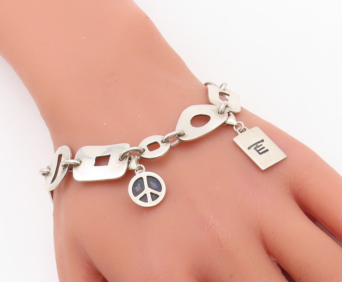 925 Sterling Silver Vintage Bracelet Minimalist Carved Dangling Charms  BT10930