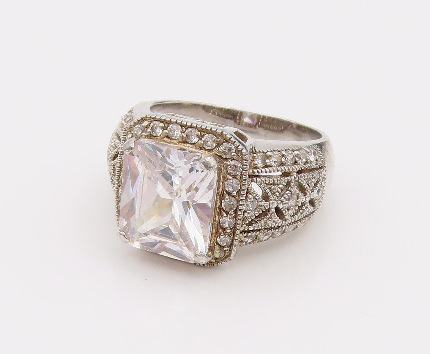 925 Sterling Silver Vintage CZ Square Head Designed Shoulder Ring Sz 10  RG26542