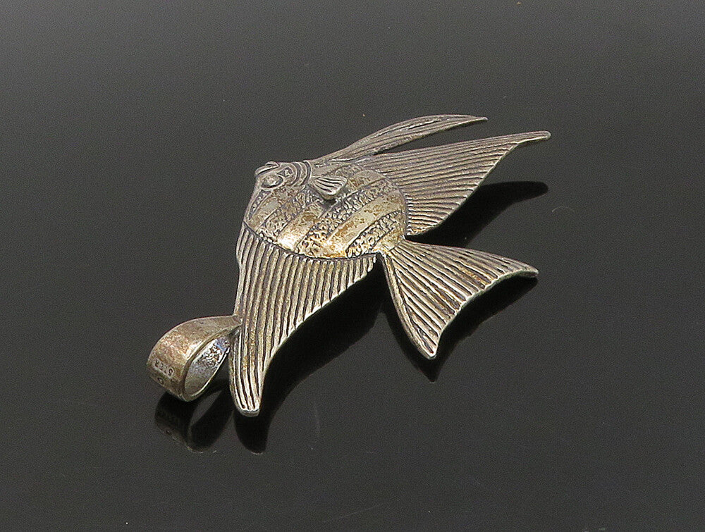 925 Sterling Silver  Vintage Dark Tone Etched Detail Fish Pendant  PT19523