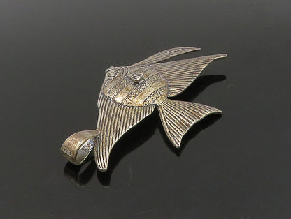 925 Sterling Silver  Vintage Dark Tone Etched Detail Fish Pendant  PT19523