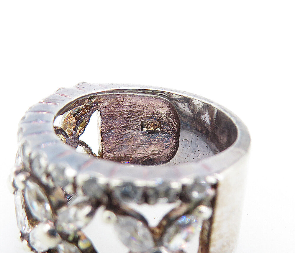 925 Sterling Silver  Shiny Topaz Open Flower Pattern Band Ring Sz 5.5  RG7299